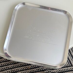 Vintage Stamped Kensington Aluminum Silver Metal Tray with Etched Train Design